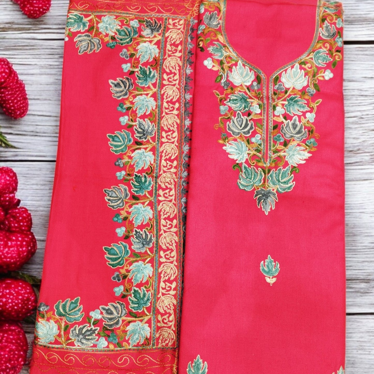 Kashmiri Work Unstitched Suit Fabric - Exquisite Handcrafted Embroidery