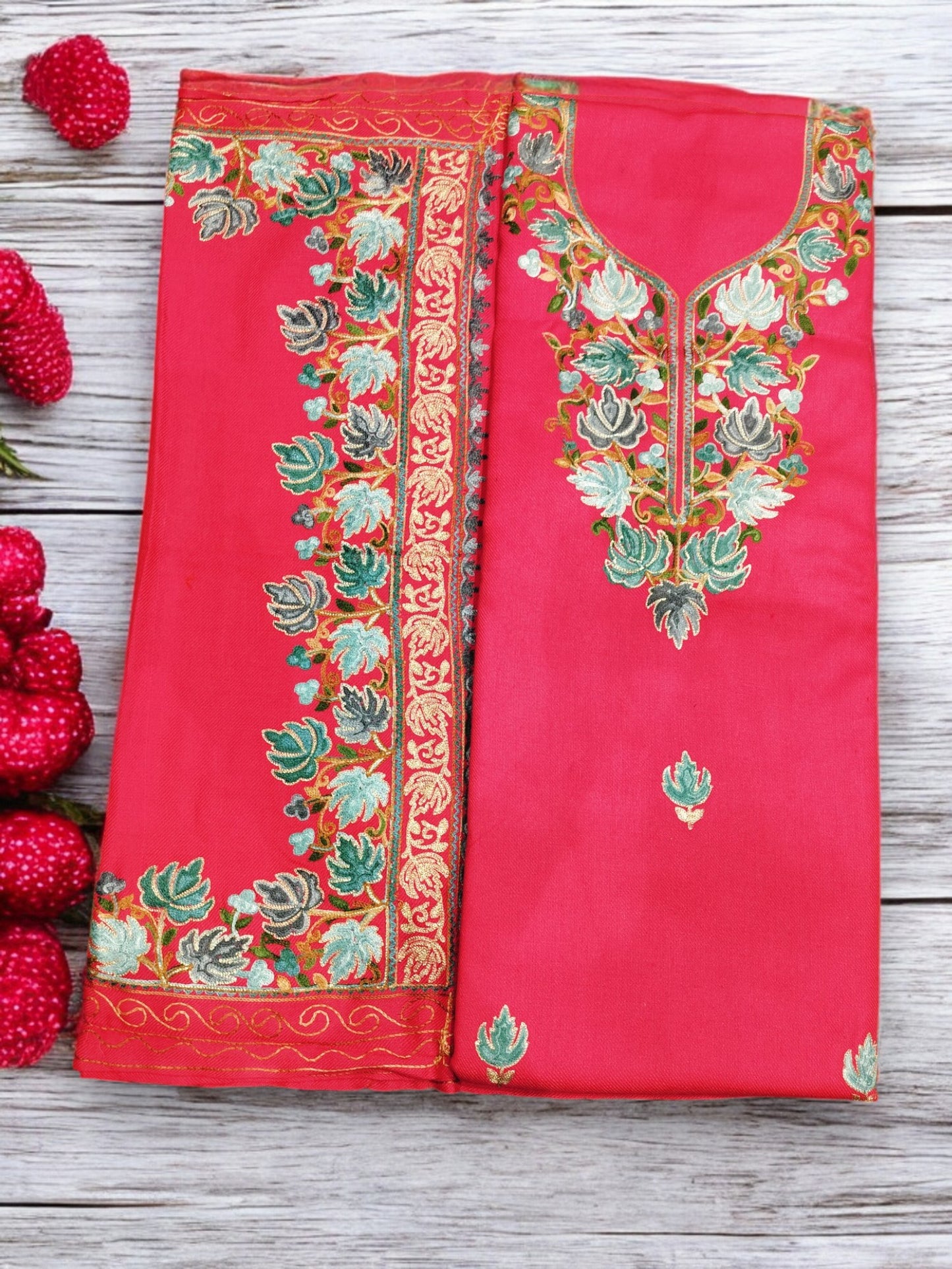 Kashmiri Work Unstitched Suit Fabric - Exquisite Handcrafted Embroidery