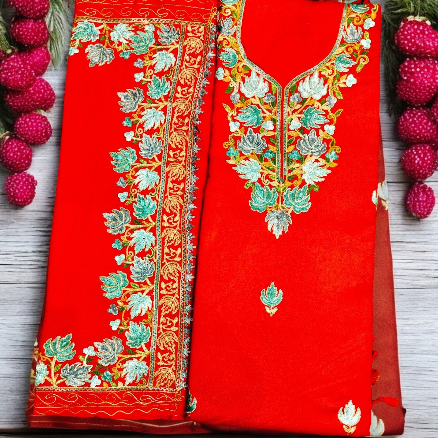 Kashmiri Work Unstitched Suit Fabric - Exquisite Handcrafted Embroidery