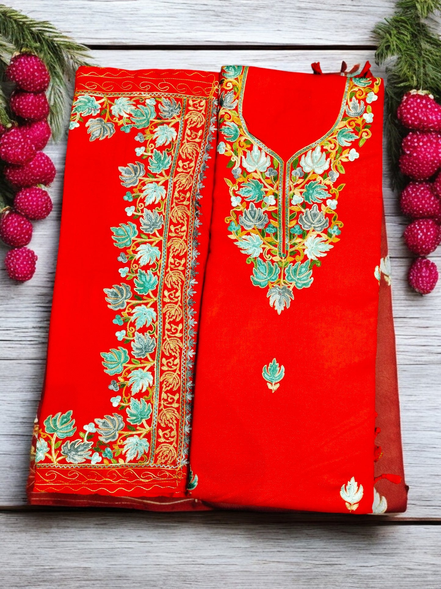 Kashmiri Work Unstitched Suit Fabric - Exquisite Handcrafted Embroidery