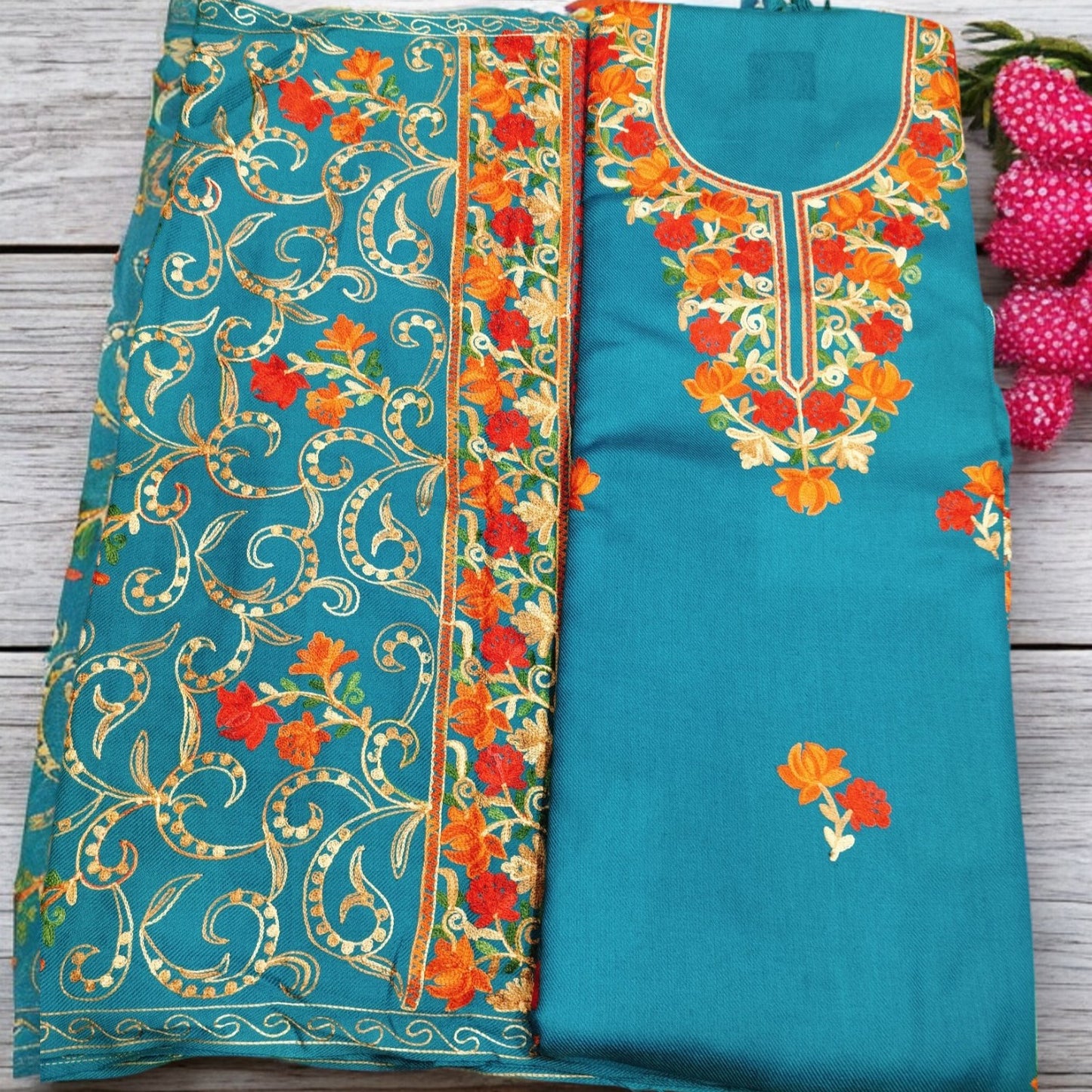 Kashmiri Work Unstitched Suit Fabric - Exquisite Handcrafted Embroidery