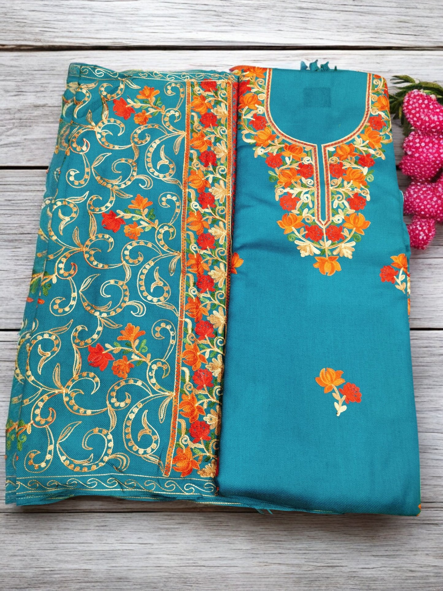 Kashmiri Work Unstitched Suit Fabric - Exquisite Handcrafted Embroidery