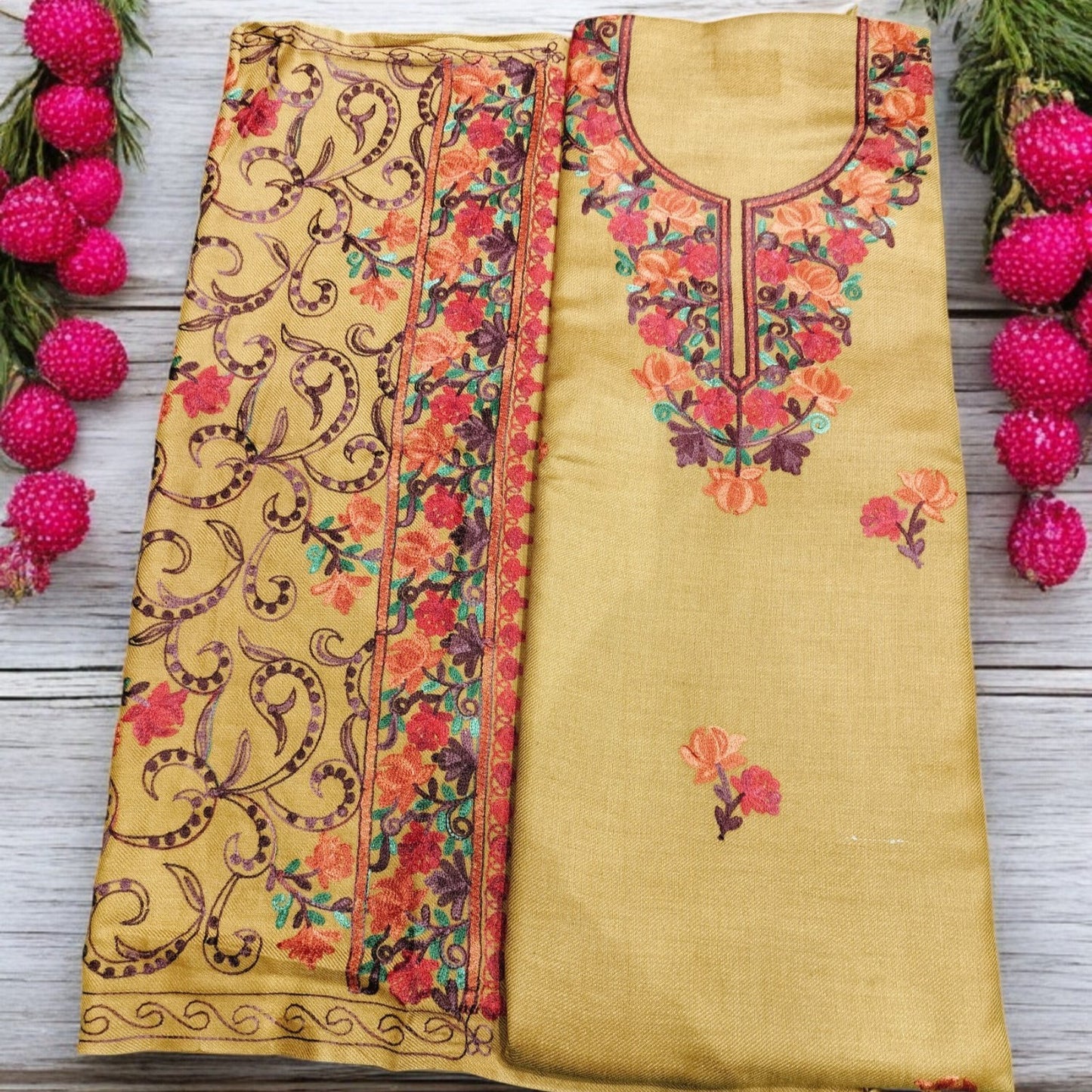 Kashmiri Work Unstitched Suit Fabric - Exquisite Handcrafted Embroidery