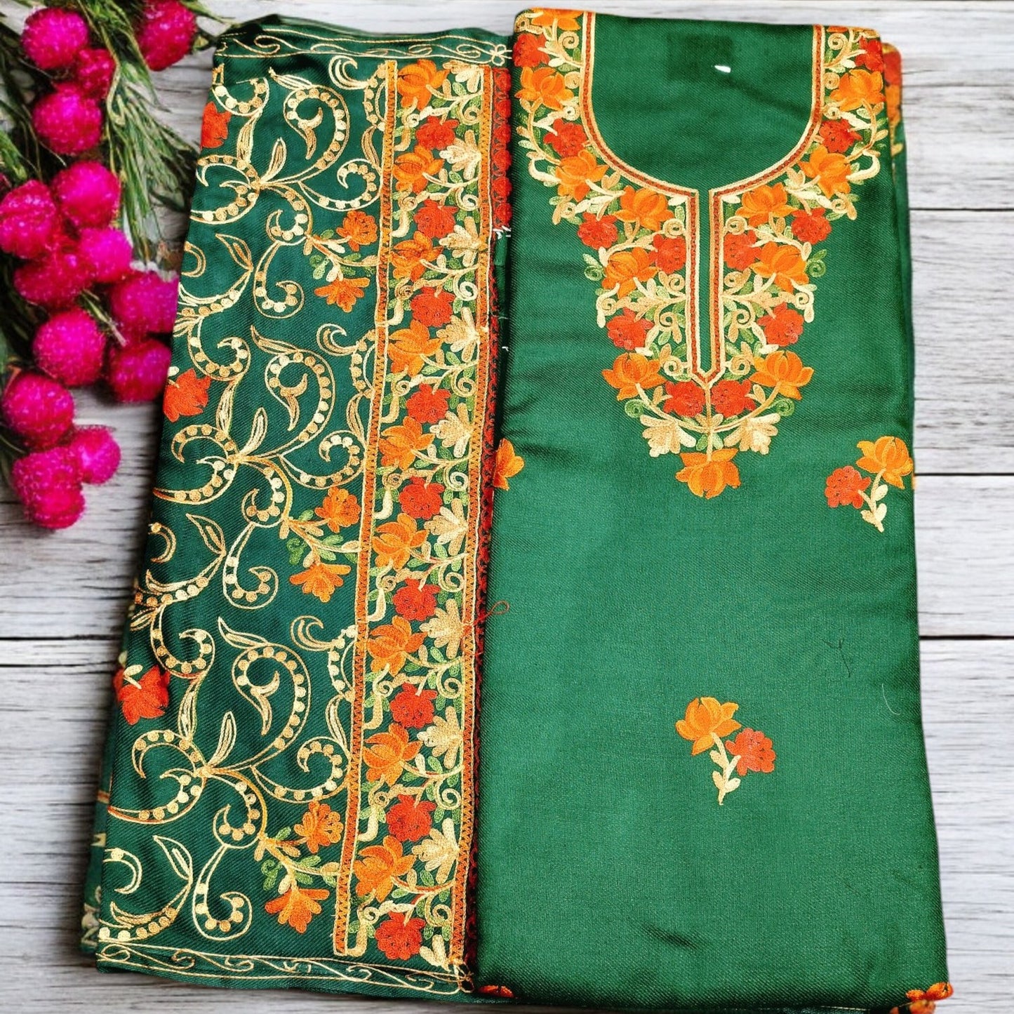 Kashmiri Work Unstitched Suit Fabric - Exquisite Handcrafted Embroidery