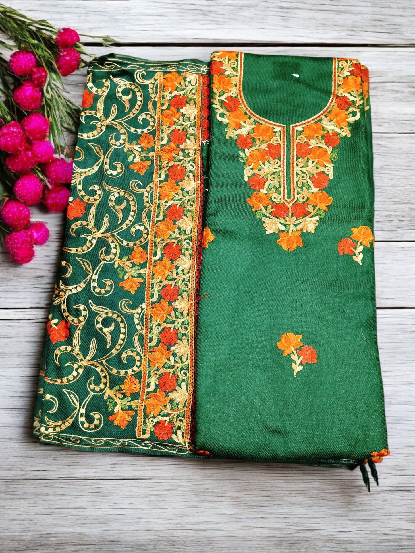 Kashmiri Work Unstitched Suit Fabric - Exquisite Handcrafted Embroidery