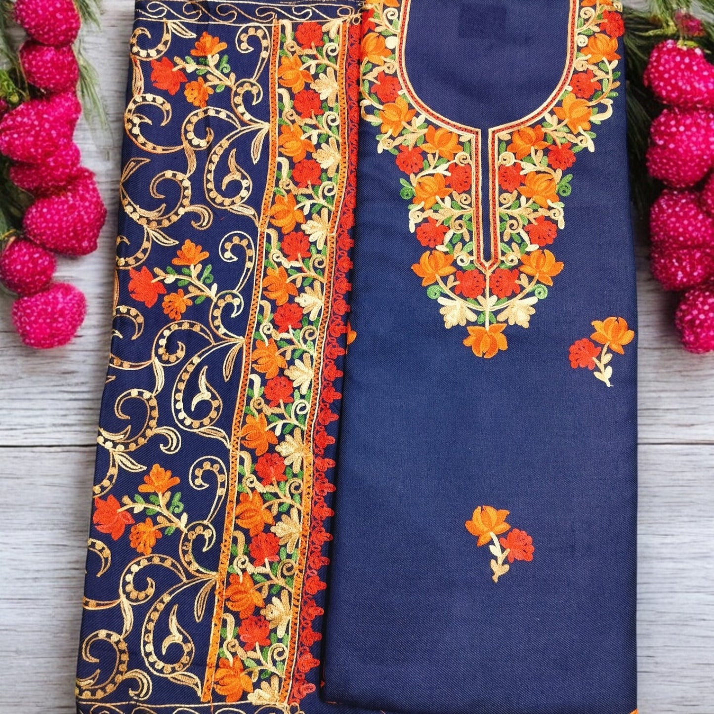 Kashmiri Work Unstitched Suit Fabric - Exquisite Handcrafted Embroidery