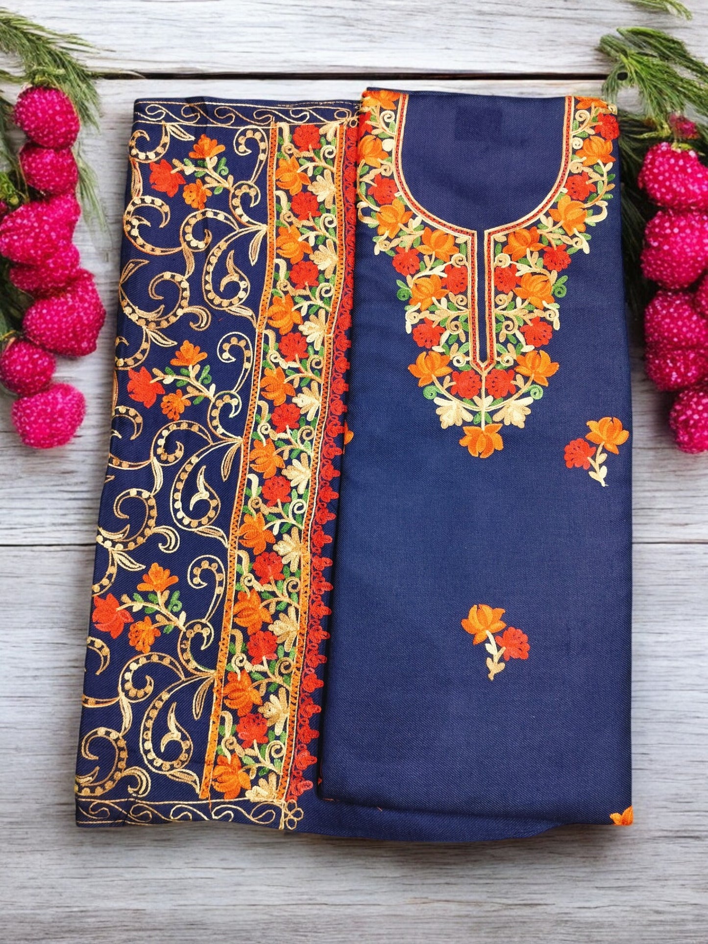 Kashmiri Work Unstitched Suit Fabric - Exquisite Handcrafted Embroidery