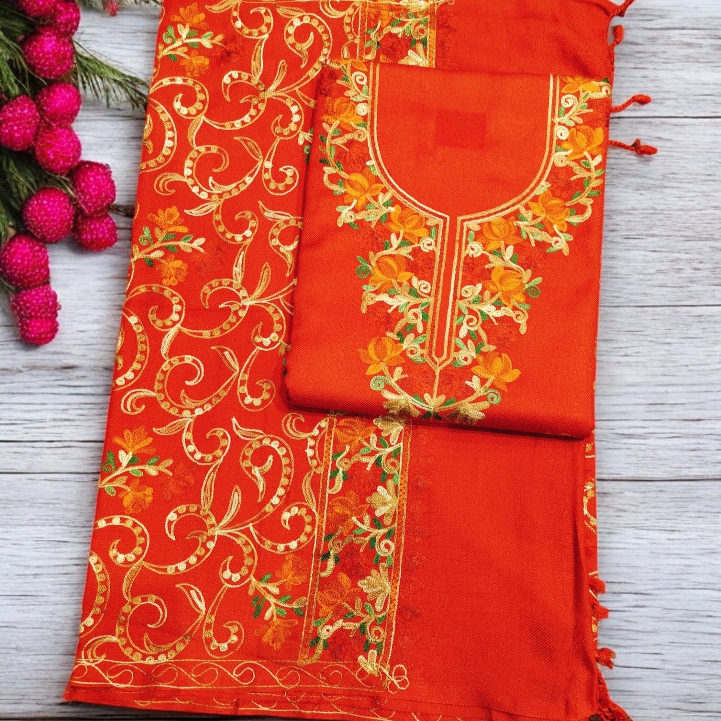 Kashmiri Work Unstitched Suit Fabric - Exquisite Handcrafted Embroidery