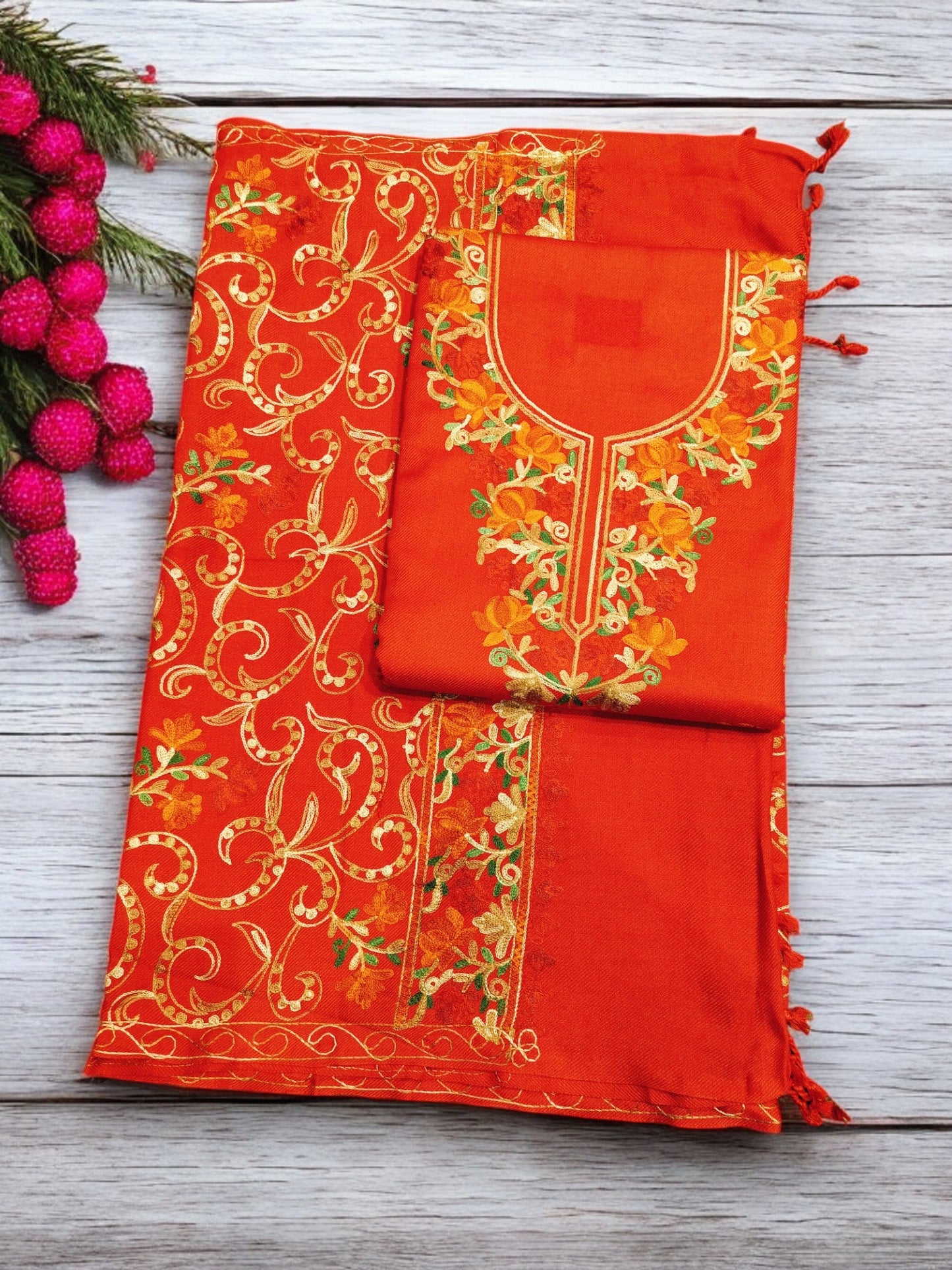 Kashmiri Work Unstitched Suit Fabric - Exquisite Handcrafted Embroidery