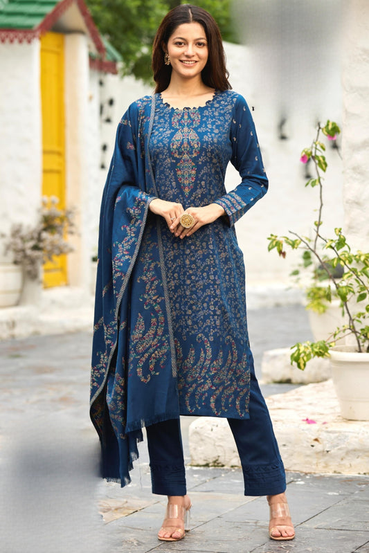 Reet Mahal Embellished Unstitched Woollen Suit Material for Women