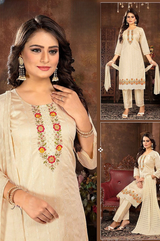 Reet Mahal Beautiful Beige Handwork kurta with Pant & Dupatta