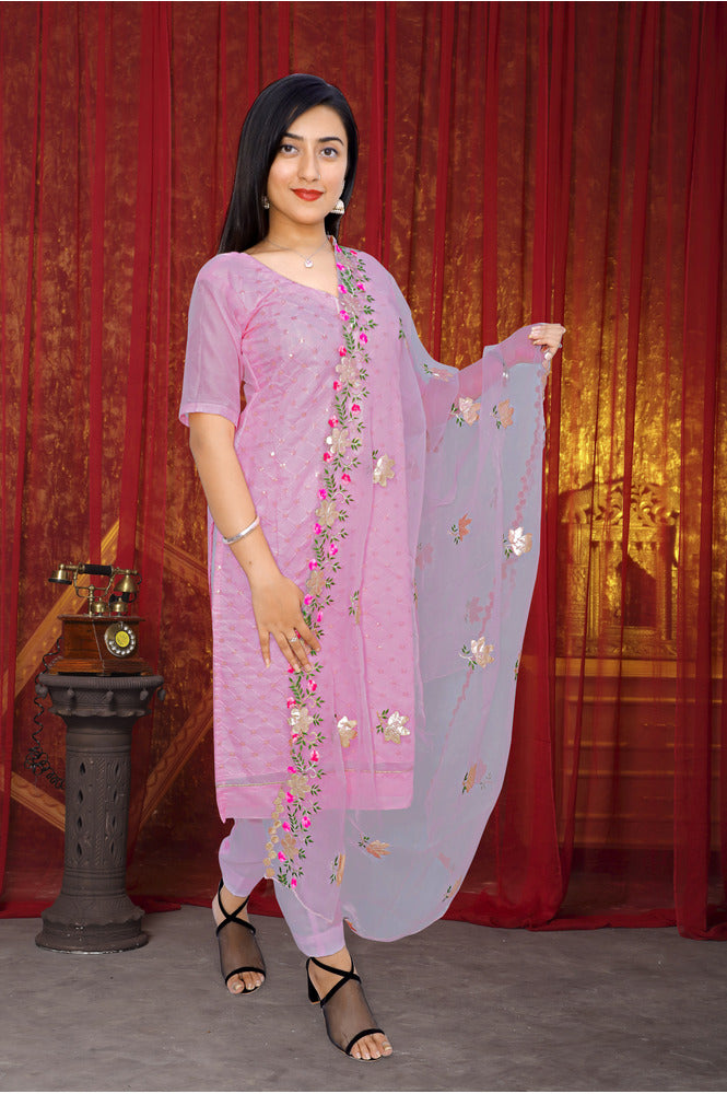 REET MAHAL CHANDERI SALWAR SUIT MATERIAL WITH NET DUPATTA