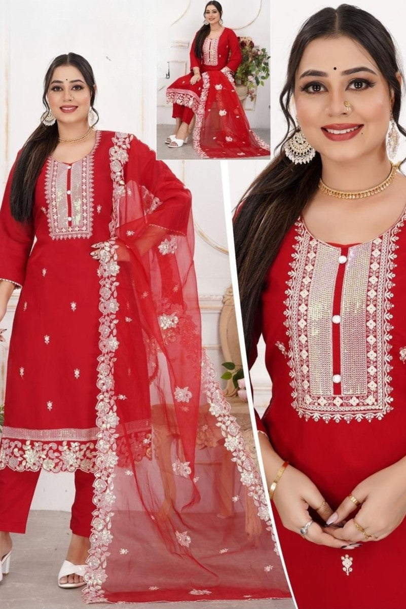 REET MAHAL DESIGNER RED EMBROIDERED KURTA SET WITH BEAUTIFUL NET PRINTED DUPATTA