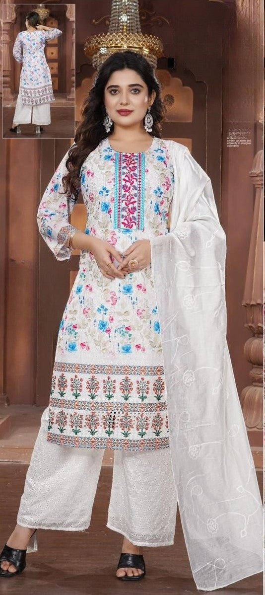 REET MAHAL WHITE DESIGNER KURTA WITH PLAZO AND DUPATTA