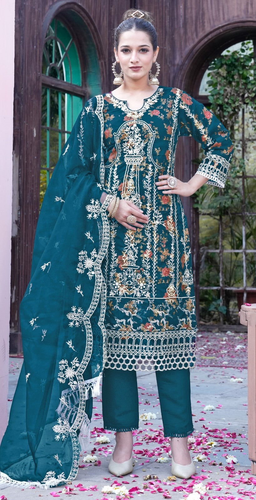 Reet Mahal Designer Heavy Pakistani Kurta Set with Organza Lace Dupatta