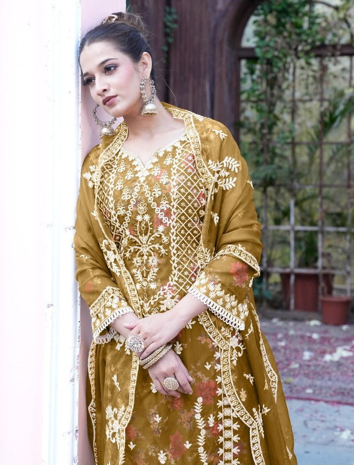 Reet Mahal Pakistani Designer Suit set with Organza Embroidery and Heavy Dupatta