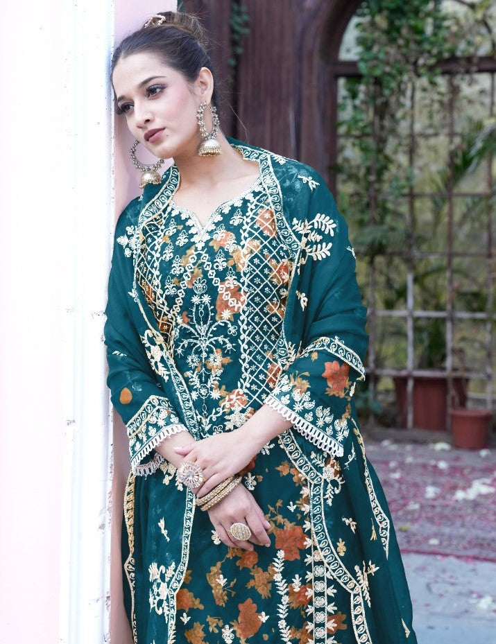 Reet Mahal Pakistani Designer Suit set with Organza Embroidery and Heavy Dupatta