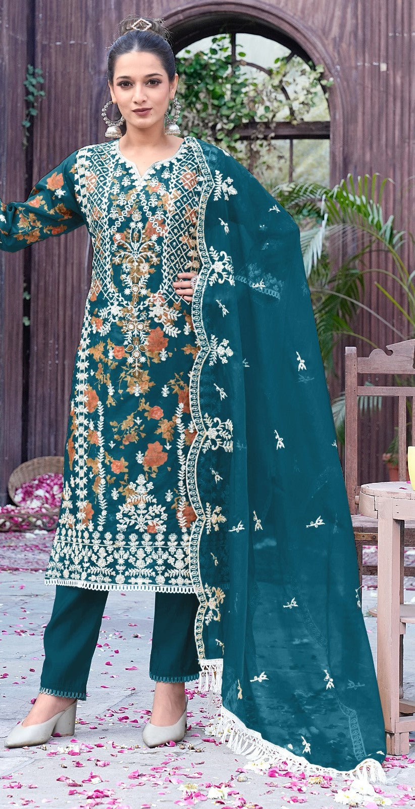 Reet Mahal Pakistani Designer Suit set with Organza Embroidery and Heavy Dupatta