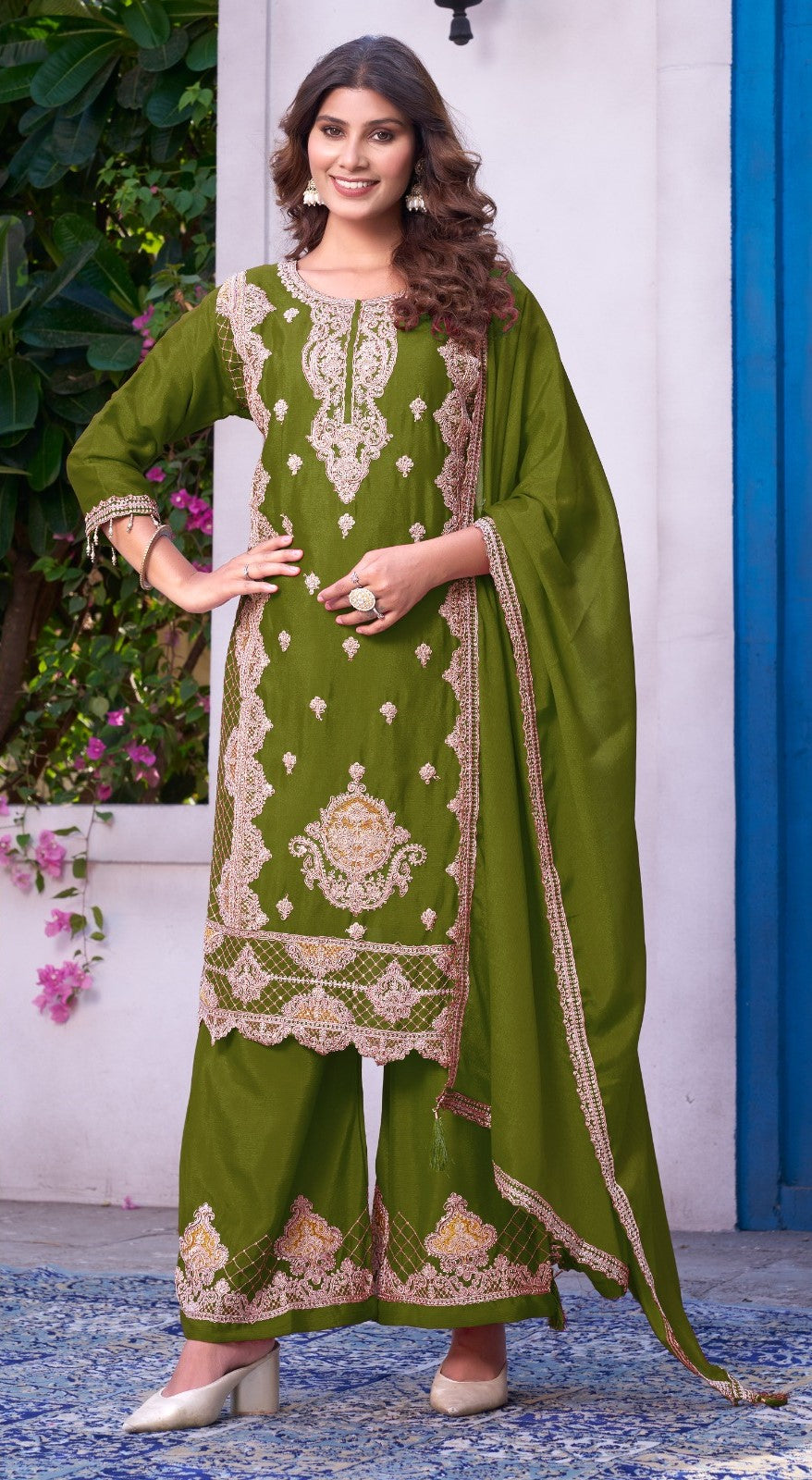 Reet Mahal Heavy Chinon Embroidery Kurta Plazo Set with Lace Dupatta