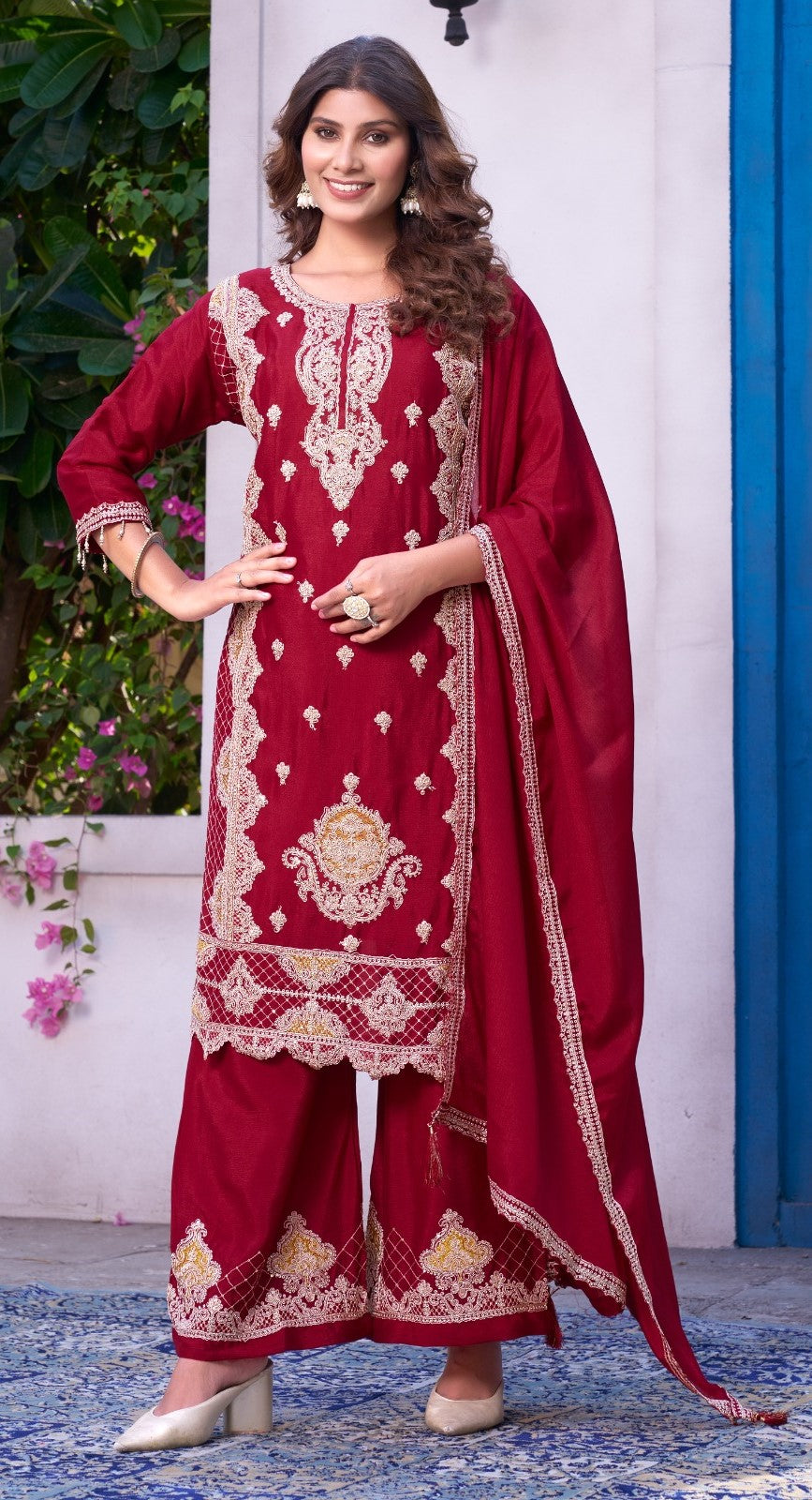 Reet Mahal Heavy Chinon Embroidery Kurta Plazo Set with Lace Dupatta