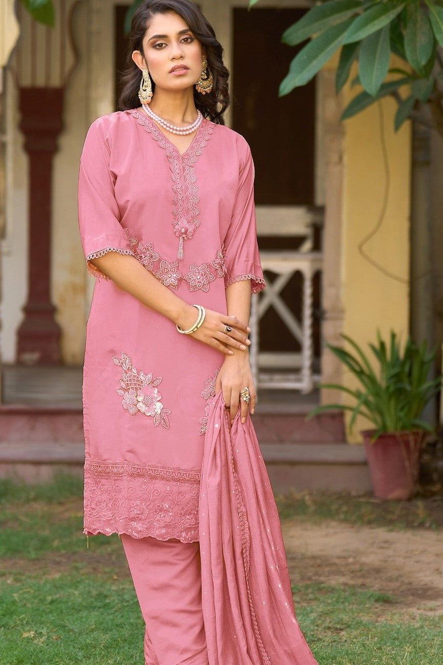 Reet Mahal Roman Silk Handwork Kurta Set with Lace Dupatta