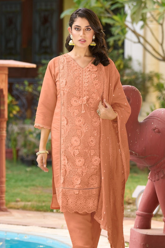 Reet Mahal Designer Roman Silk Heavy V-Neck Kurta Set with Lace Dupatta