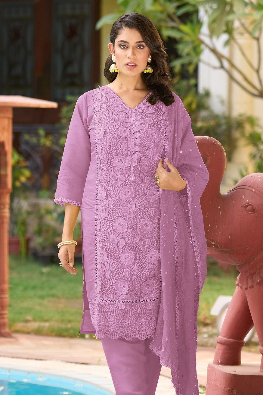 Reet Mahal Designer Roman Silk Heavy V-Neck Kurta Set with Lace Dupatta