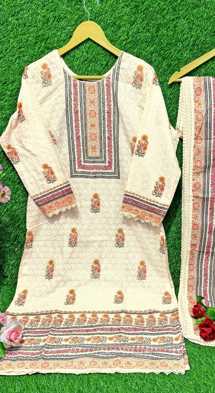 Reet Mahal Cotton Printed Embroidery Suit Set with Printed Dupatta