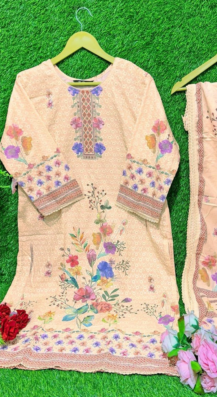 Reet Mahal Cotton Printed Embroidery Suit Set with Printed Dupatta