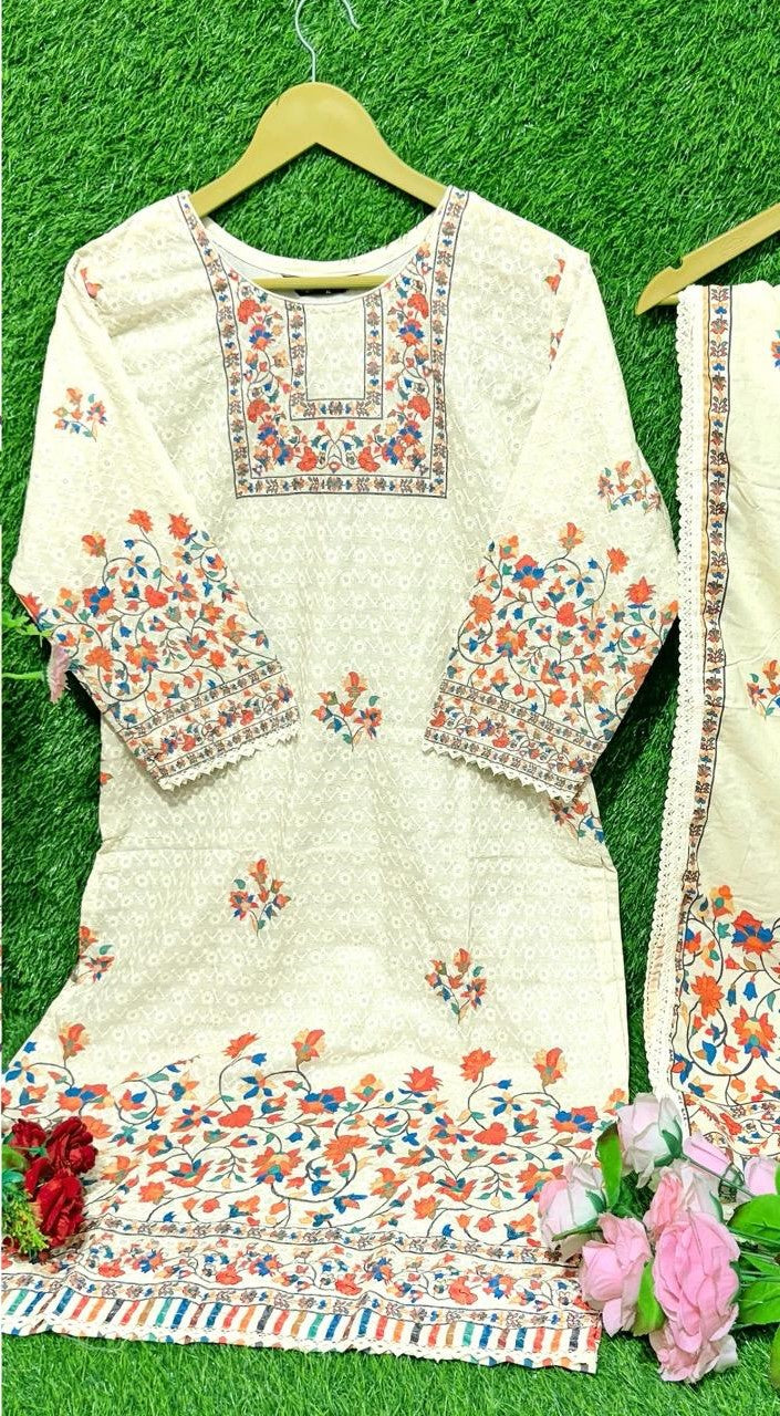 Reet Mahal Cotton Printed Embroidery Suit Set with Printed Dupatta