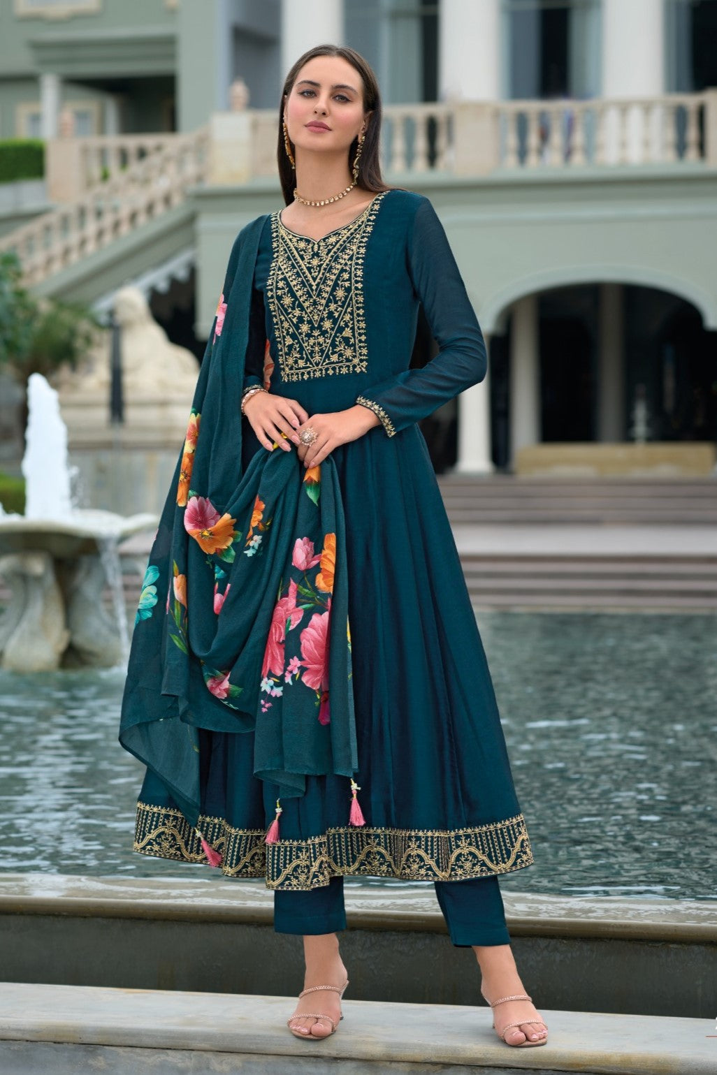 Reet Mahal Zari & Sequence Work Anarkali Suit Set with Printed Organza Dupatta