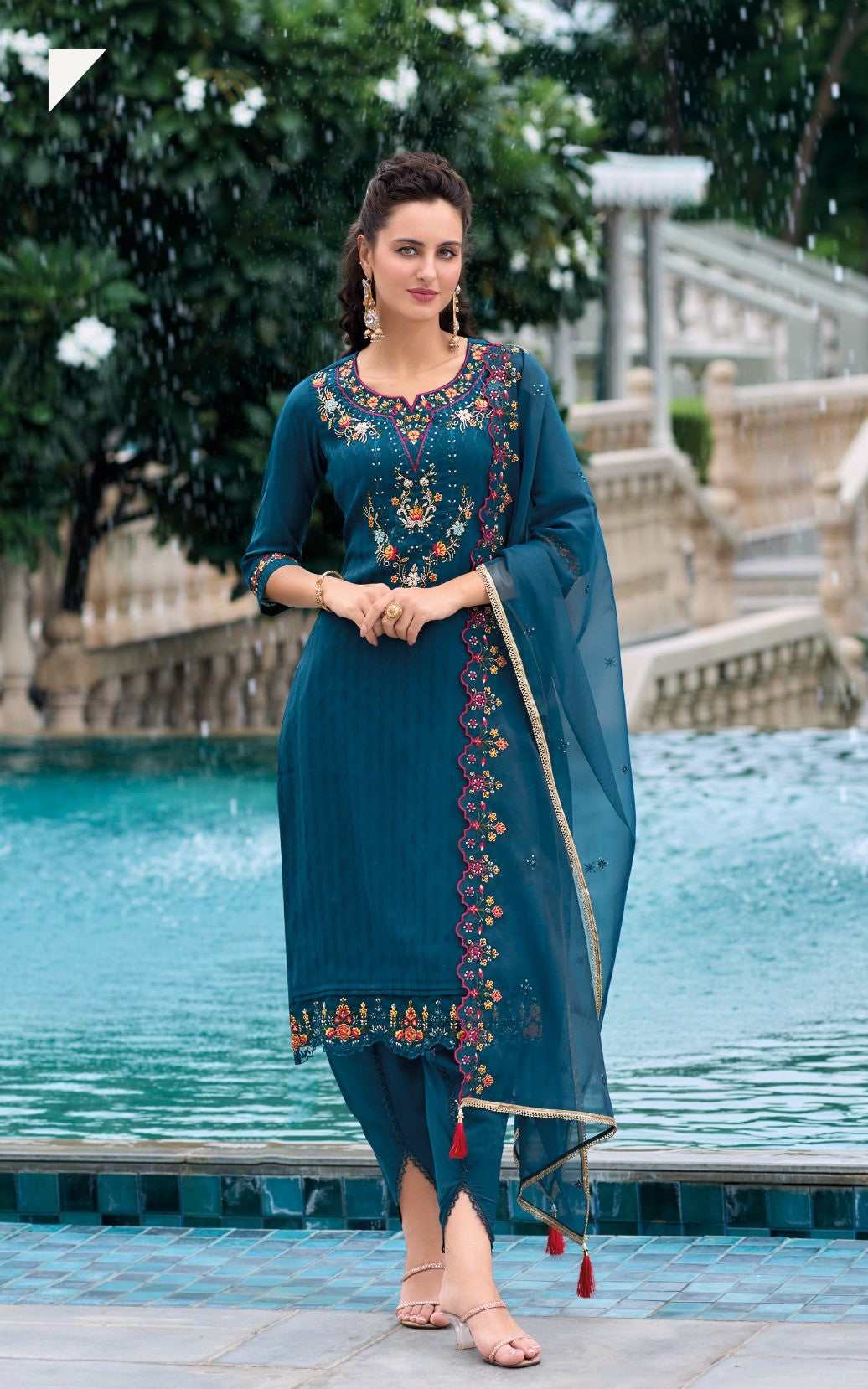 Reet Mahal Embroidery Chanderi Schfli Kurta,Pant with Organza Digital Print Dupatta