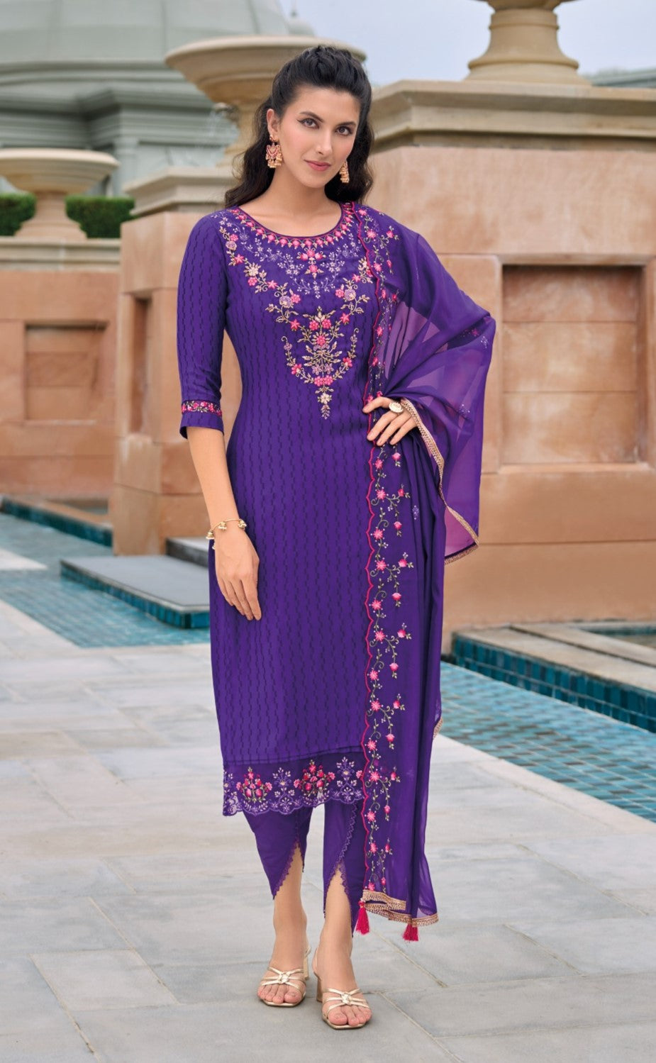 Reet Mahal Embroidery Chanderi Schfli Kurta,Pant with Organza Digital Print Dupatta