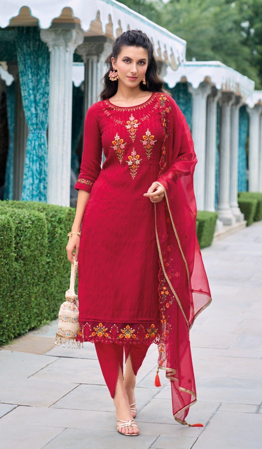 Reet Mahal Embroidery Chanderi Schfli Kurta,Pant with Organza Digital Print Dupatta