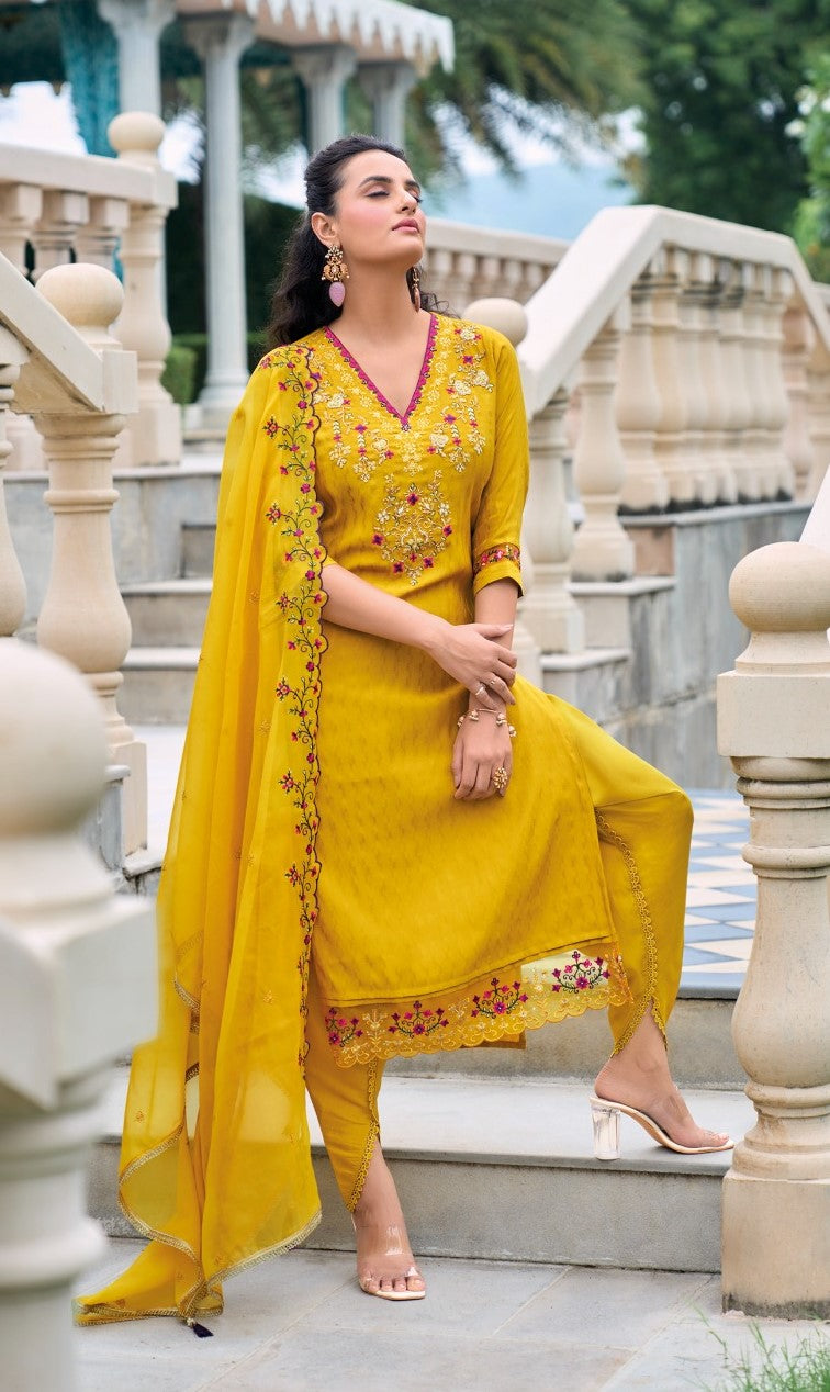 Reet Mahal Embroidery Chanderi Schfli Kurta,Pant with Organza Digital Print Dupatta