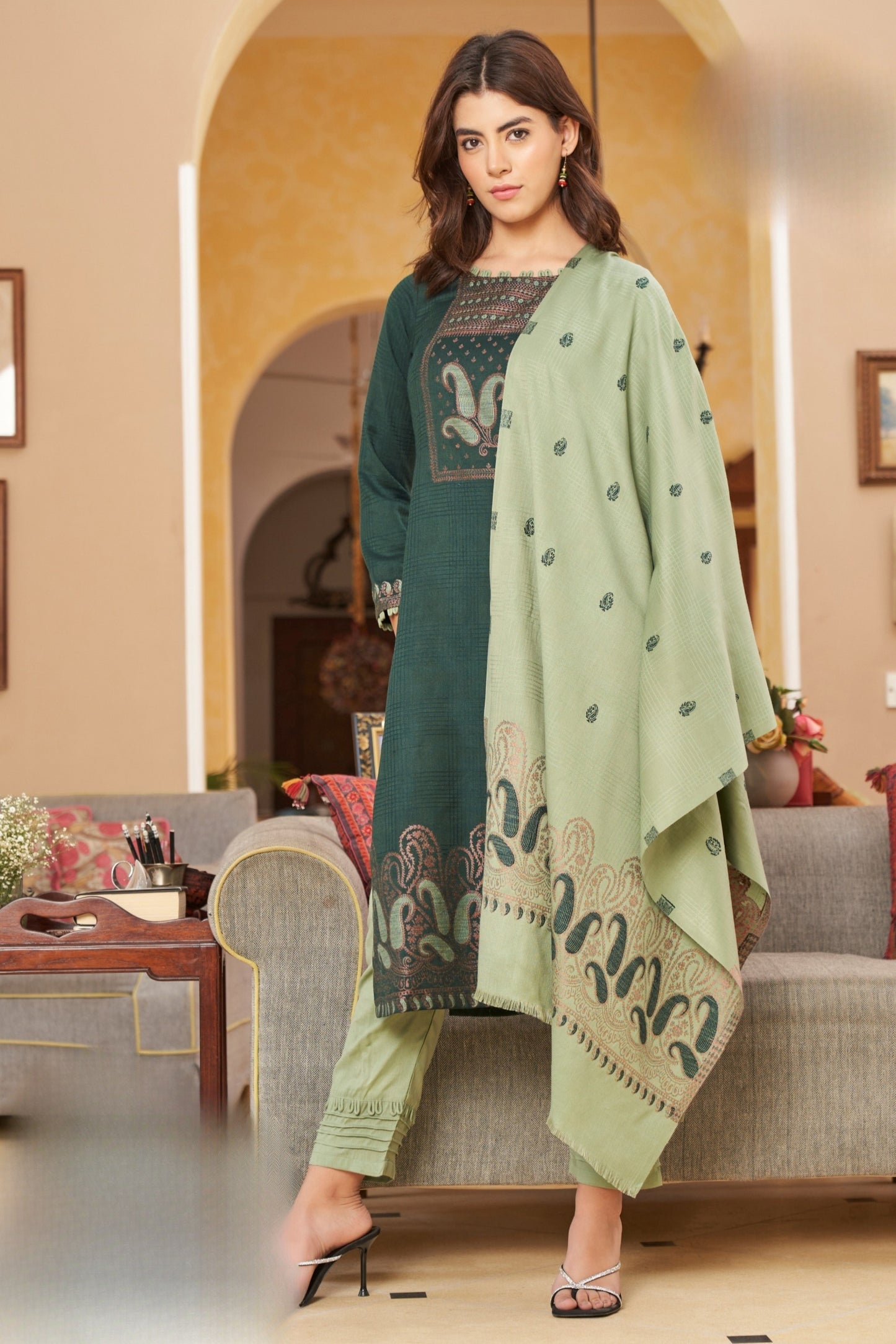 Reet Mahal Unstitched Woollen Printed Salwar Suit Material with Shawl