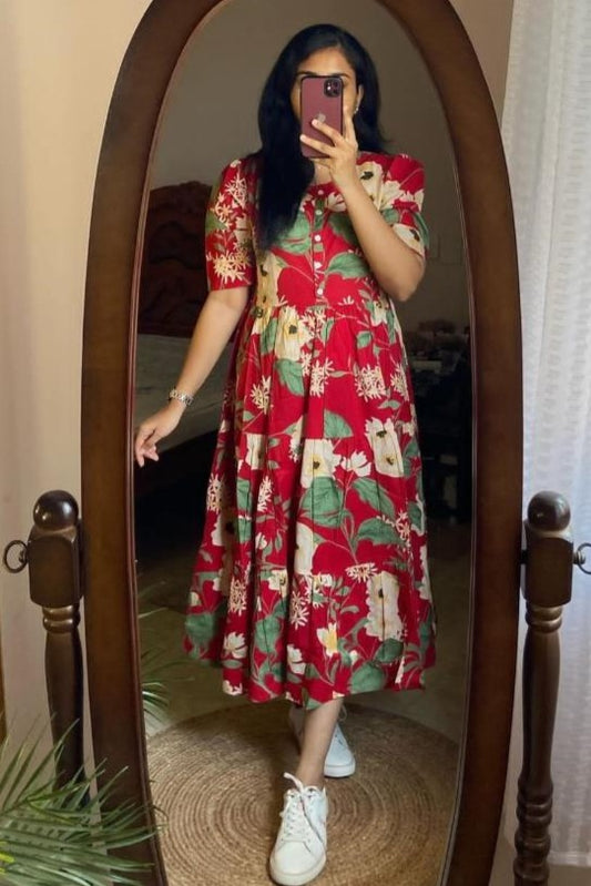 REET MAHAL FLORAL PRINTED PUFF SLEEVE A-LINE MIDI DRESS