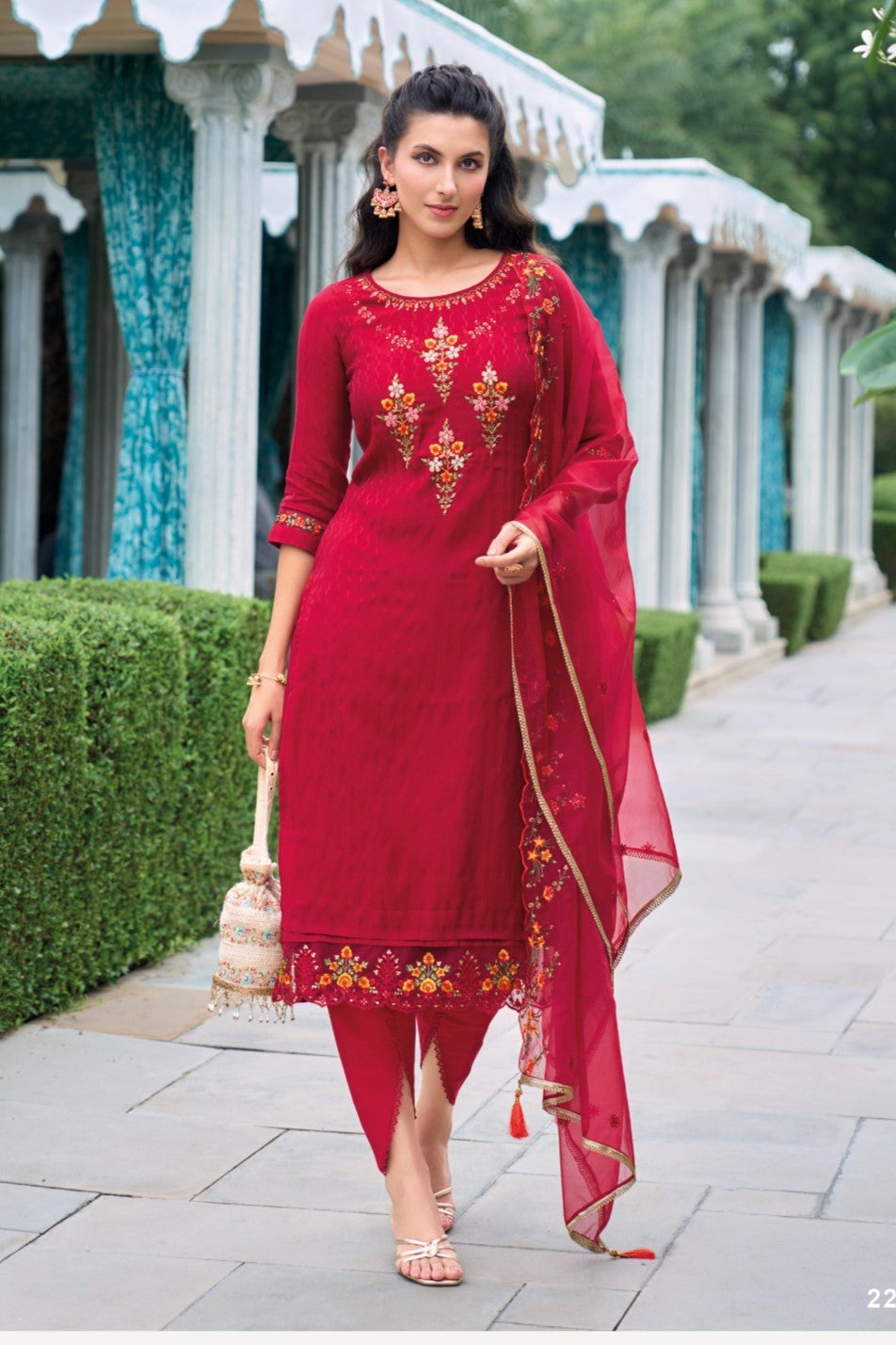 Reet Mahal Embroidery Chanderi Schfli Kurta,Pant with Organza Digital Print Dupatta