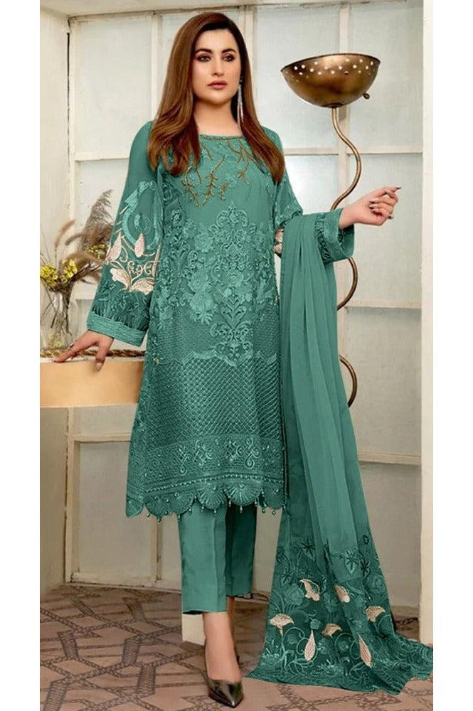 REET MAHAL PAKISTANI SALWAR SUIT MATERIAL WITH FLORAL PRINTED DUPATTA