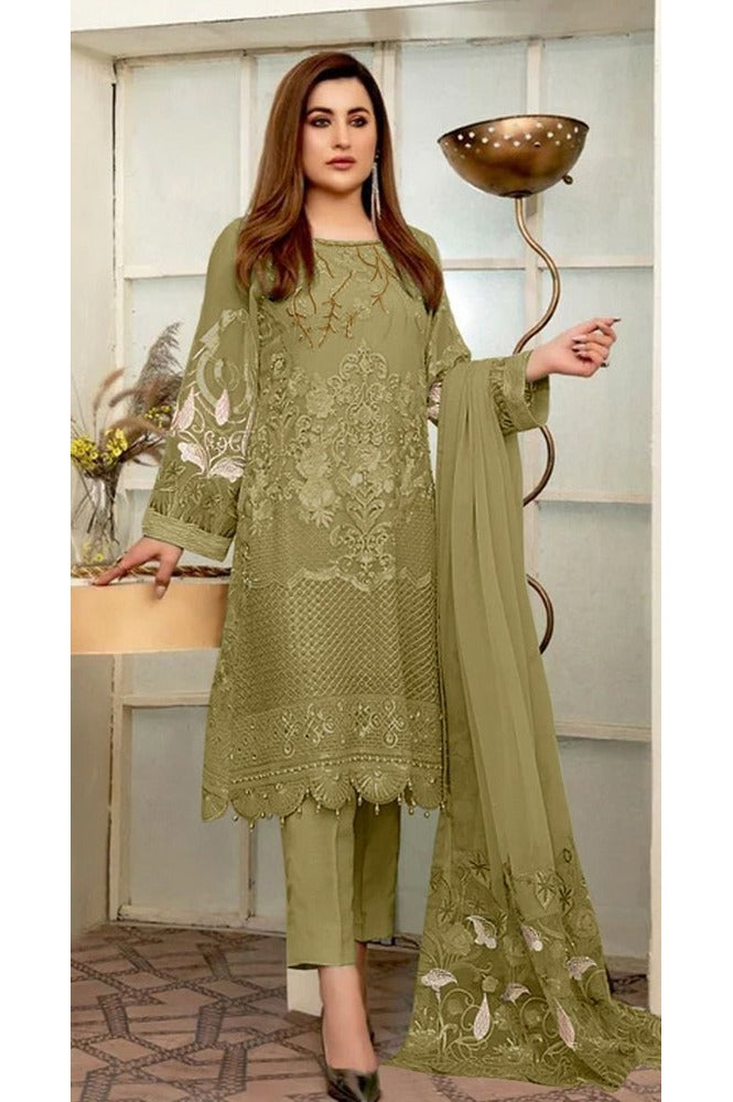 REET MAHAL PAKISTANI SALWAR SUIT MATERIAL WITH FLORAL PRINTED DUPATTA