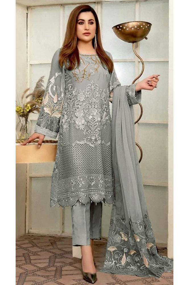 REET MAHAL PAKISTANI SALWAR SUIT MATERIAL WITH FLORAL PRINTED DUPATTA