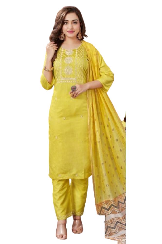 REET MAHAL CHANDERI FABRIC KURTA, PANT WITH BANARASI DUPATTA