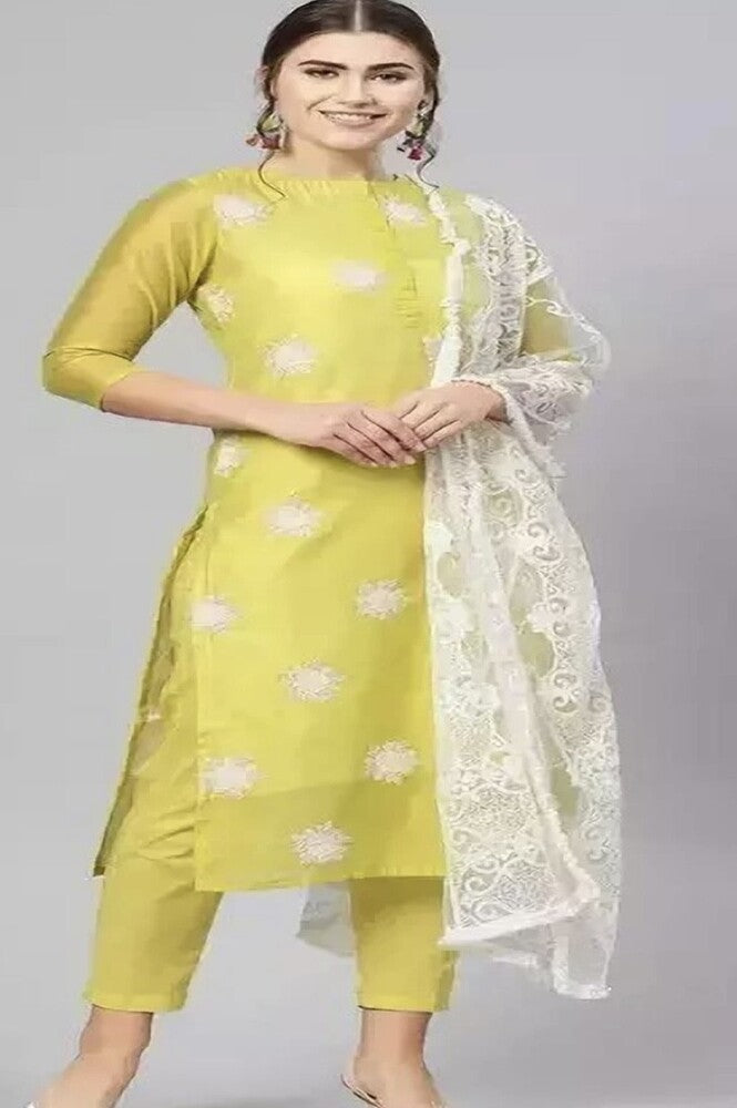 Yellow Women Cotton Straight Embroidery Kurta Pent Set