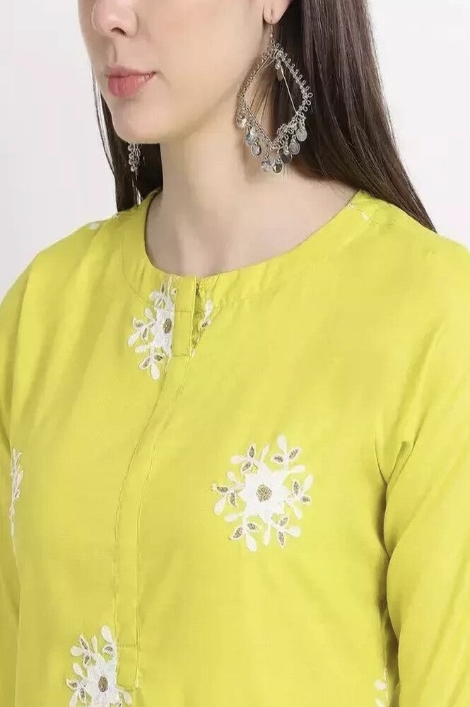 Yellow Women Cotton Straight Embroidery Kurta Pent Set