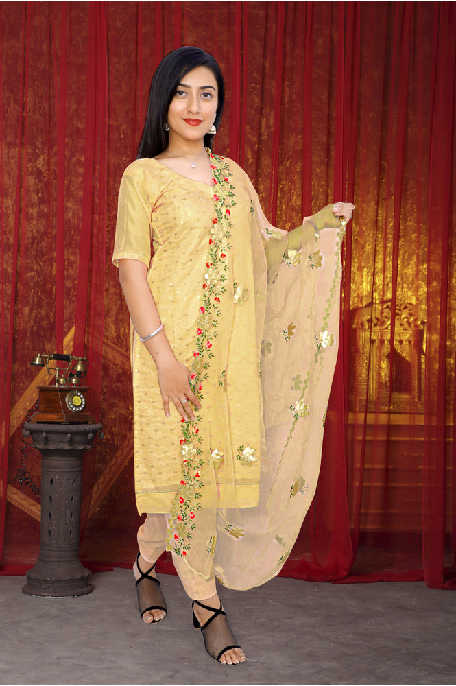 REET MAHAL CHANDERI SALWAR SUIT MATERIAL WITH NET DUPATTA